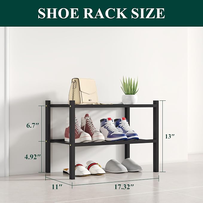 Smiry Small Bamboo Shoe Rack, 2 Tier Free Standing Wooden Shoe Organizer, Stackable Wood Shoe Storage Shelf for Closet, Entryway, 12 Vertical Slats, One-piece Standard Legs, 17.3"x11"x13", Black