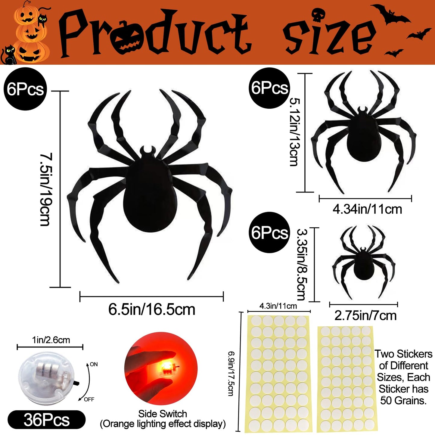 36 Pcs Halloween Wall Decor 3D Led Bats Spiders Wall Stickers Removable Light Up Spiders Bats Decals for Indoor Outdoor Window Door Halloween Party Decorations