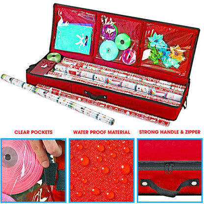 Primode Wrapping Paper Storage Container | Gift Wrap Organizer Under Bed | 41”x14”x6” | Fits 18-24 Rolls Up to 40” | 600D Oxford | Box Holder with Pockets for Ribbon, Bows and Accessories (Red)