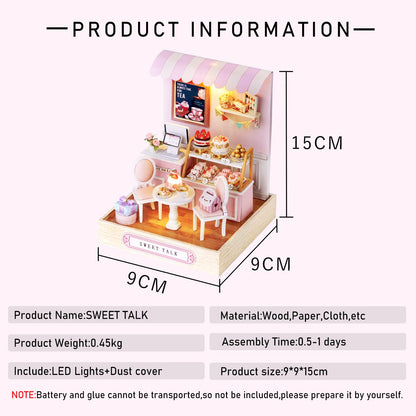 Miniature House Kit, CUTEROOM Tiny House Kit Wooden Dollhouse Kit Mini House Making Kit with Dust Cover, DIY Dollhouse Kit Birthday Gift- Sweet Talk