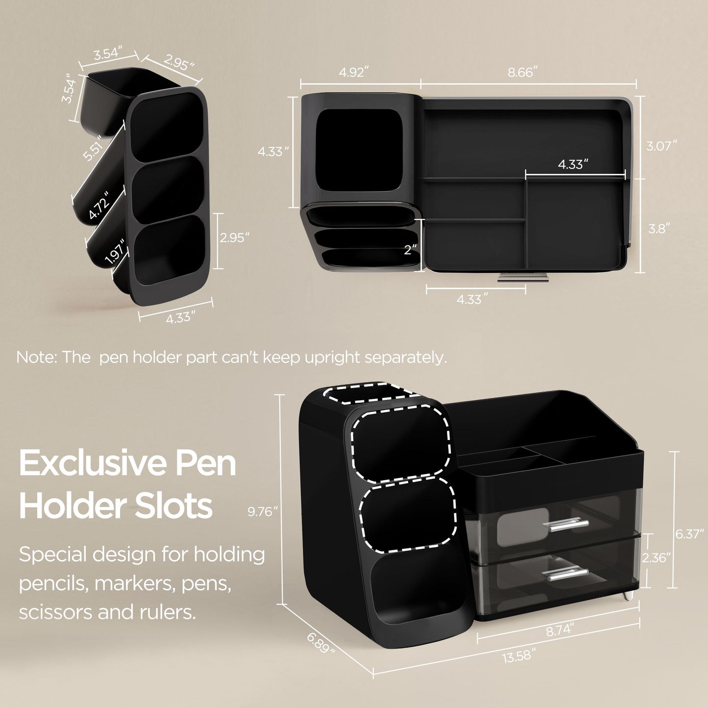 HBlife Desk Organizer with Pen Pencil Holder for Desk, Pen Organizer with 2 Drawers, Desk Organizers and Accessories with 4 Compartments, Desktop Storage for Office Home School Art Supplies, Black