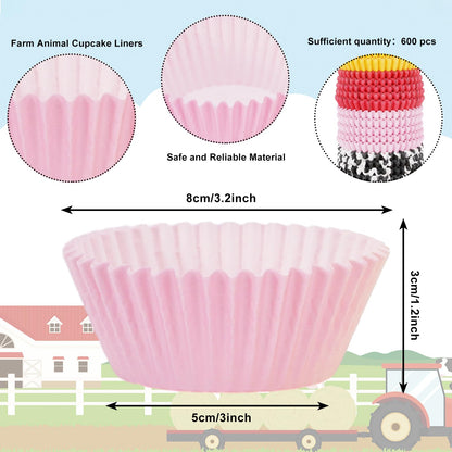 Whaline 600Pcs Farm Animals Cupcake Liners Farm Theme Cupcake Wrappers 4 Designs Paper Disposable Decorative Muffin Brownie Cups for Baking Birthday Baby Shower Party Supplies