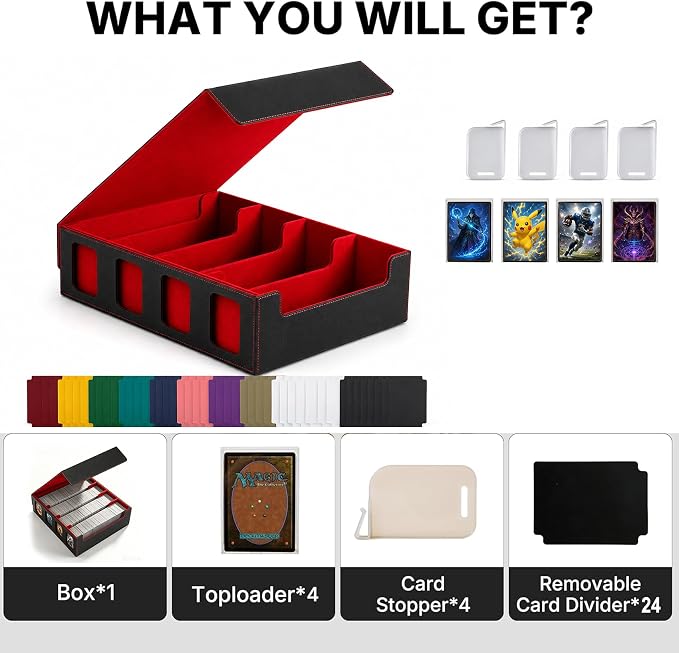 3200+ High-Capacity Card Display Storage Box, 4-Row Design (Ideal for Collectors & Beginners), Heavy-Duty Archival Case for MTG/TCG/Sports Cards （Black Red）