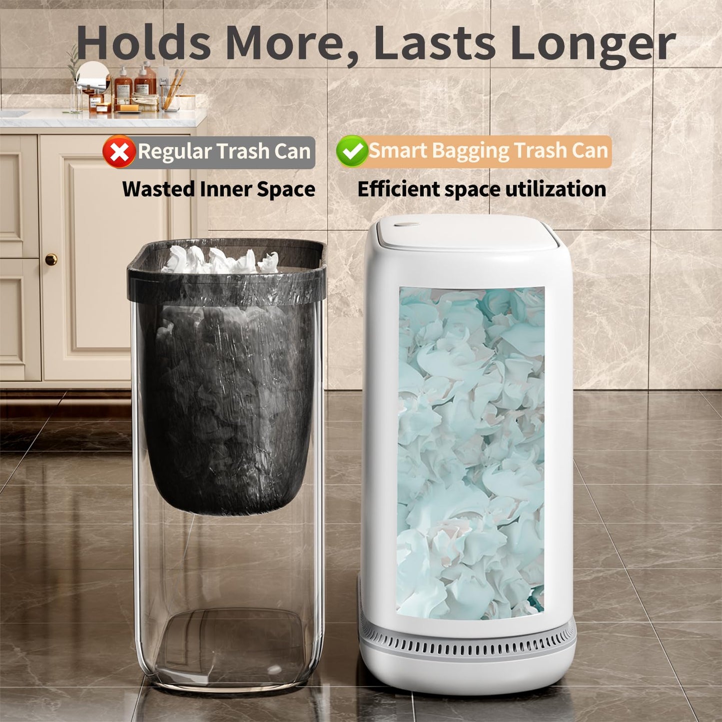 Small Bathroom Trash Can with Lid, 3 Gallon Slim Garbage Bin with Pop-Up Lid & Air-Pressure Bag Lock, Mini Waste Basket for Bathroom, Bedroom, Kitchen, Office, Rv, White - Includes 75 Bags (5 Rolls)