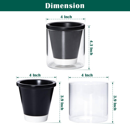 D'vine Dev 4 Inch Design Self Watering Planter for Indoor Plants, Black Terracotta Pot with Cylinder Glass Cup, 37-X-A-3