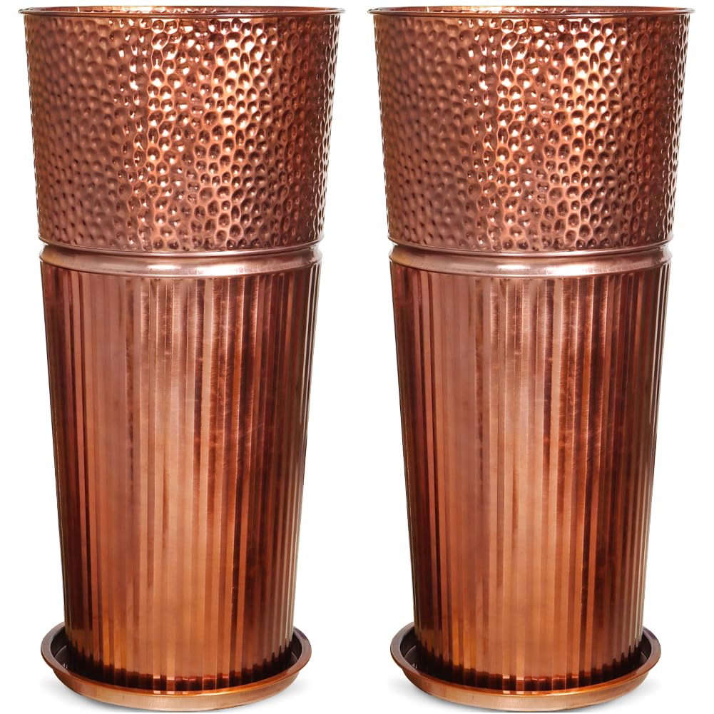 Megawodar 2 Pcs Pack Metal Tall Tapered Planter Pots Large Round Planter Flower Pot with Drainage Holes for Indoor Outdoor Deck Porch Garden Home Patio Front Door (Glossy Copper, Medium)