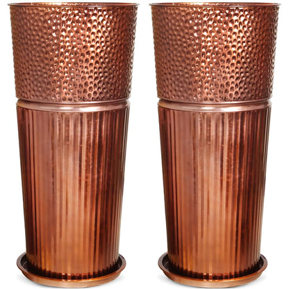 Megawodar 2 Pcs Pack Metal Tall Tapered Planter Pots Large Round Planter Flower Pot with Drainage Holes for Indoor Outdoor Deck Porch Garden Home Patio Front Door (Glossy Copper, Medium)
