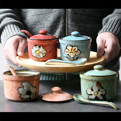 VanEnjoy Retro Hand Painted Flower Ceramic Round Sugar Spice Containers Porcelain Jar with Spoon Round Condiment (blue)