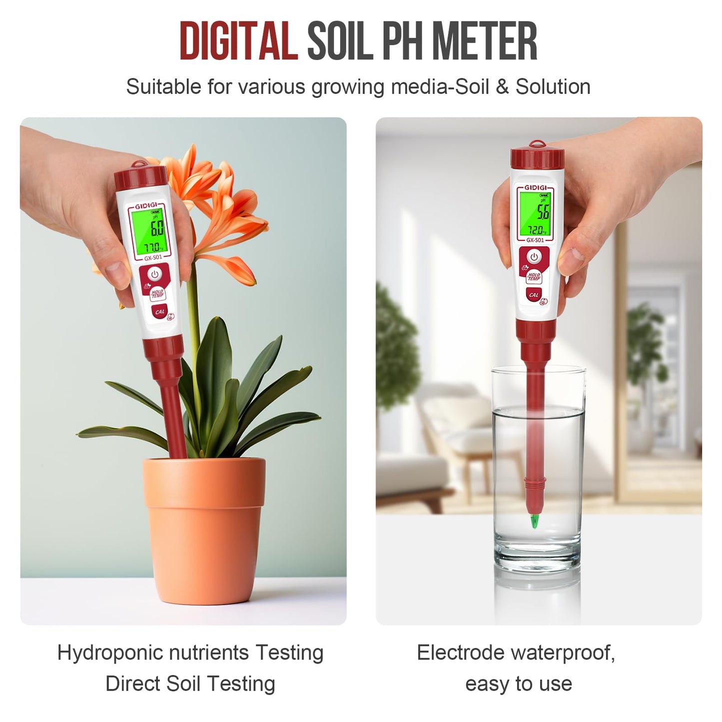 GIDIGI High Accuracy Digital pH Meter for Soil, Garden, Water, Plants, Solution and Food, Soil pH Test Kit with Thermometer LCD Display, Calibration Powder and Plastic Protective Cap