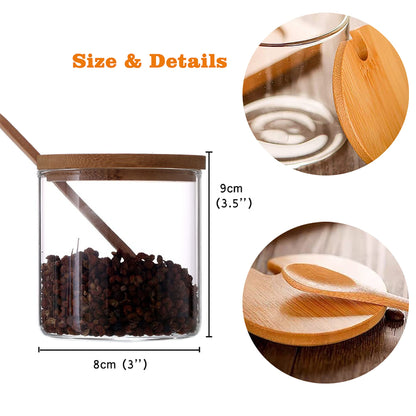FANTESTICRYAN 2 PCS Clear Glass Condiment Canister Pots Set, Simple Stylish Decorative Storage Seasoning Container with Bamboo Lid & Spoon for Home Kitchen Café Storing Salt Sugar Spice (Round)