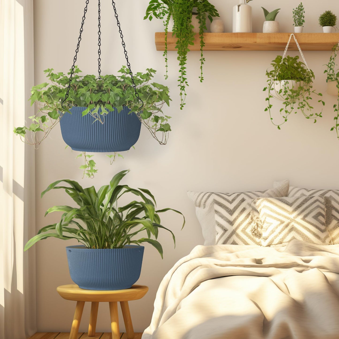 T4U 8 Inch Hanging Planters for Indoor Outdoor Plants, Self Watering Hanging Pot Pack of 2, Hanging Pots with Drainage Hole & Plug & Chain with 3 Hooks for Garden Home Decor, Blue