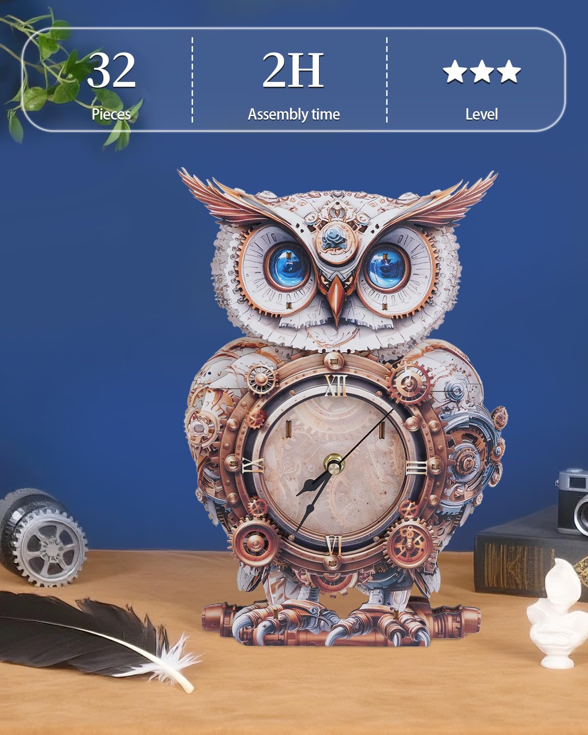 Rnfinewow 3D Wooden Puzzles for Adults, 3D Puzzle Owl Clock Kit (with Pendulum), Mechanical Owl 3D Puzzles for Adults Home Decor DIY Clock Puzzle Gifts for Women Men
