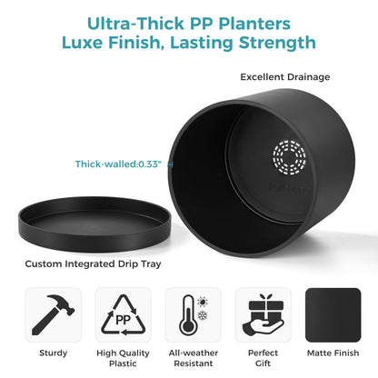 FaithLand 12-Inch Large Modern Cylinder Planter, Thick-Walled Plastic Plant Pot with Drainage Holes and Detachable Saucer, Matte Black, Ideal for Indoor & Outdoor Plants Flowers