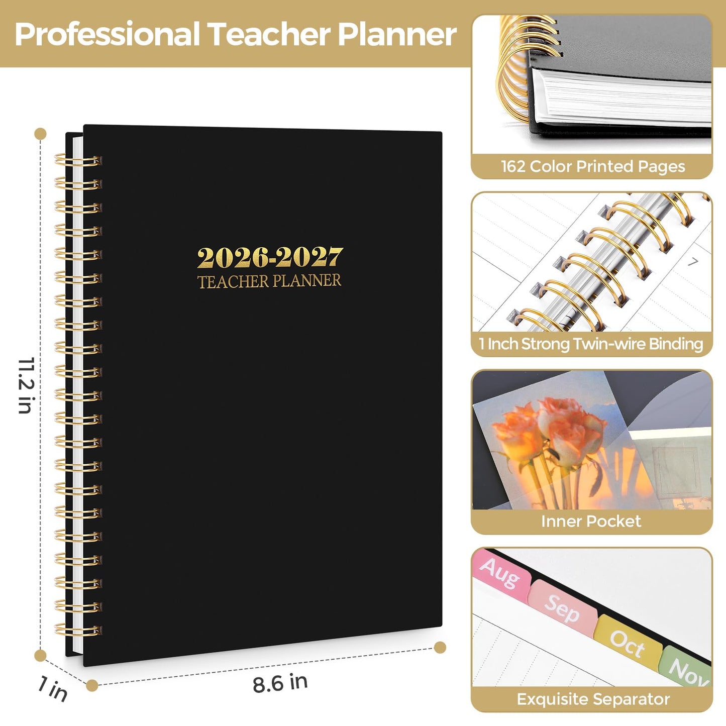 SKYDUE Teacher Planner 2026-2027 Academic Year, 8.5" x 11" Lesson Plan Book, July 2026-June 2027, 162 Pages, Monthly Tabs, Stickers, Weekly Lesson Planning, Student Tracking & Classroom Organization, Black