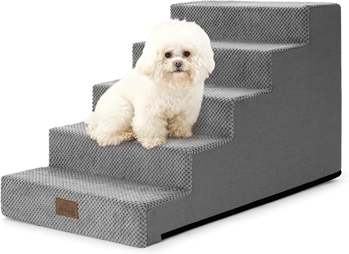 COZY KISS Dog Stairs for Small Dogs 17.7" H, 5 Step Gentle Incline Pet Step for Couch and Beds, Right-Angle Dog Ramp for Puppy Doggie Senior Cats, 17.7x29.5x17.7 Inch, Grey