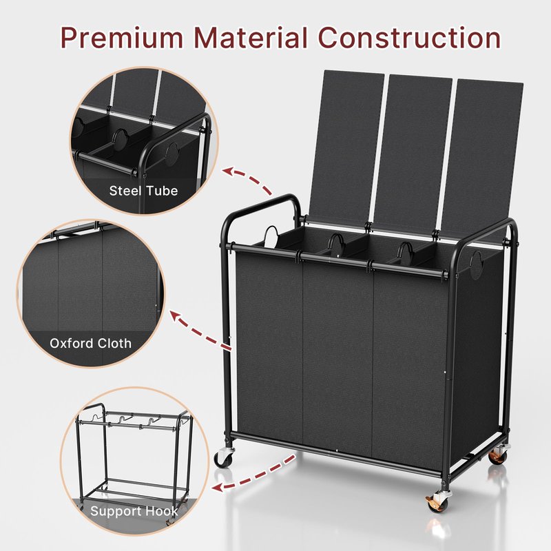 180L Laundry Sorter 3 Section – Heavy Duty Rolling Laundry Basket with Lockable Wheels and Lid, 3 Large Separate Removable Bags, Laundry Hamper Cart for Laundry Room Organizer