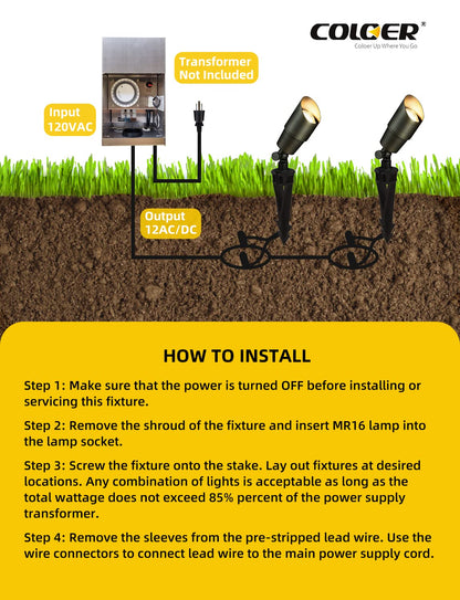 COLOER Die-cast Brass Low Voltage Spotlight 1-Pack with 5W Aluminum Housing MR16 LED Bulb 2700K 450LM CRI85+,12V AC/DC Outdoor Landscape Lighting, Directional Garden Patio Spot Up Light(101B)