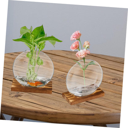 HANABASS 2sets Hydroponic Glass Planter Decorative with Eucalyptus Base for Home Office for Plant Propagation Display Clear Design for Elegant Decor