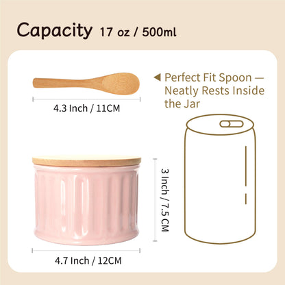 seicasaya Ceramic Condiment Pot with Bamboo Lid - 17oz Multi-purpose Seasoning Container for Salt, Sugar, Spices - Modern Striped Kitchen Countertop Storage Jar (Pink)