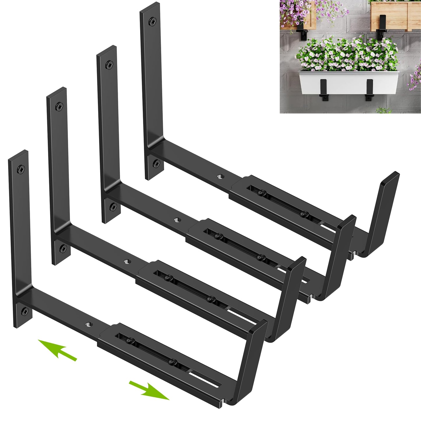 Y&M 4 PCS Adjustable Window Box Brackets for Planter Box, Heavy Duty Wall Mounted Hooks Hangers for Flower Baskets Holder Durable, Hanging Brackets for Fence Patio Garden Balcony