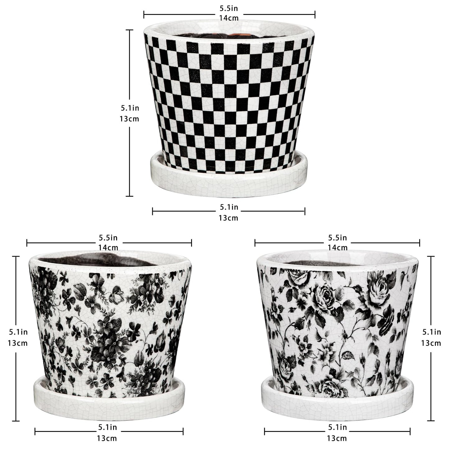 Set of 3 Black Plant Pots, Small Flower Pots Round Planter Pot with Drainage Hole and Saucers Modern Ceramic Planters for Indoor Plants Succulents Cactus Orchid Garden 5.5 Inch Outdoor Plant Pot