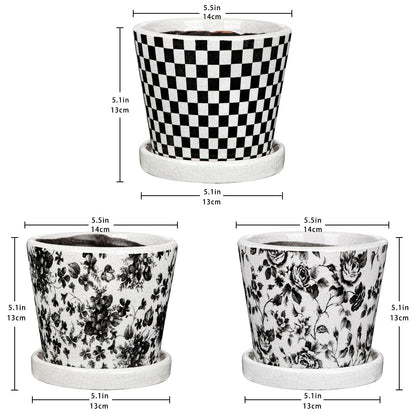 Set of 3 Black Plant Pots, Small Flower Pots Round Planter Pot with Drainage Hole and Saucers Modern Ceramic Planters for Indoor Plants Succulents Cactus Orchid Garden 5.5 Inch Outdoor Plant Pot