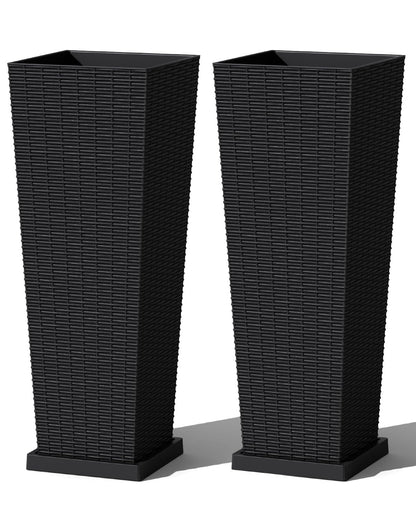Greesum Set of 2 Tall Plastic Planters with Saucer, 32 Inch Large Pots with Drainage Trays, Weather-Resistant Plastic Plant Containers for Patio, Porch, Garden,Black