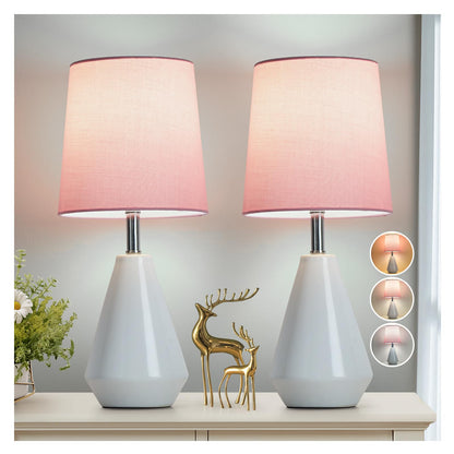 bdayanx Small Bedside Table Lamp for Bedroom-Reading Desk Lamp Set of 2,with 3 Color Temperatures,15.5" Nightstand Ceramic Lamp with Fabric Shade for Kids Room,Living Room,Dorm,Home Office