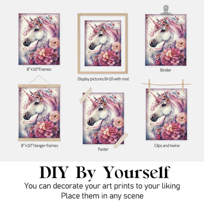 Locomiss Enchanted Forest Fantasy Horse Floral Wall Art Decor, Whimsical Mystical Fairytale Carriage Prints Posters for Girl Nursery Toddler Girls Room Bedroom Wall Decor, Set of 4, 8x10 Unframed
