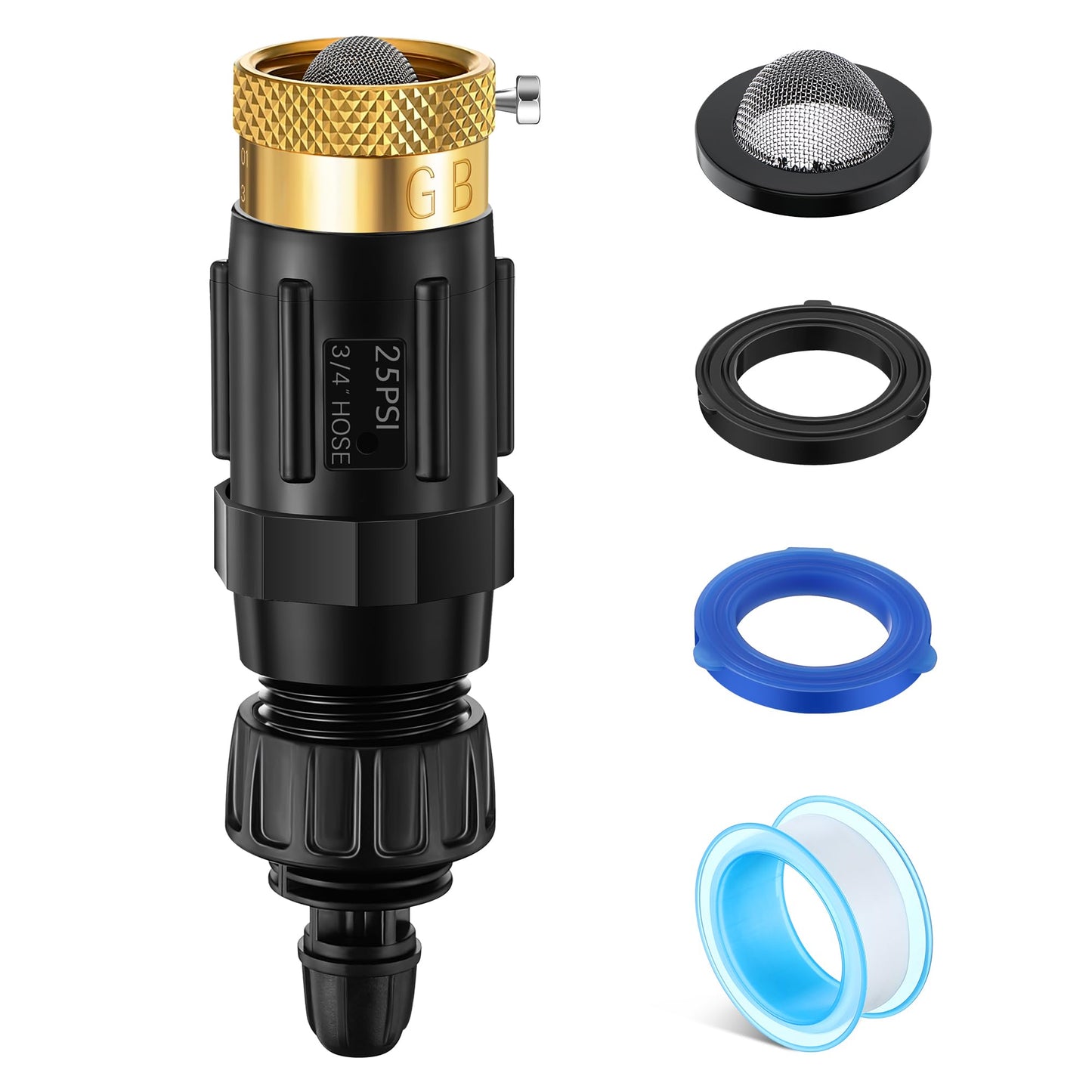 Gulfmew Drip Irrigation Faucet Adapter 25 PSI, 1/4" Tubing Quick Connect to 3/4" Garden Hose with Backflow Preventer, Filter, Plumbers Tape, Pressure Regulator, Copper Drip Irrigation System Fittings