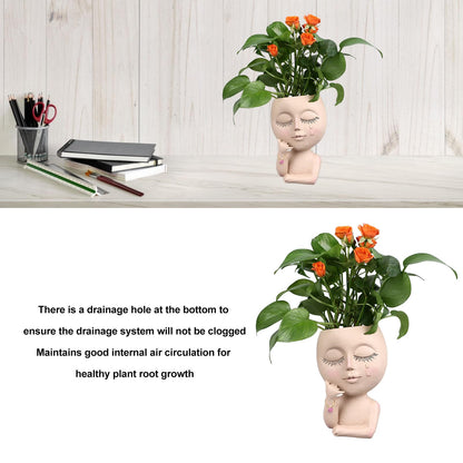 HaloVerde Artistic Face Flower Pot with Drainage System for Indoor and Cacti, a 16cm Resin Head Planter Pot Allowing for DIY Customization for Home Decor