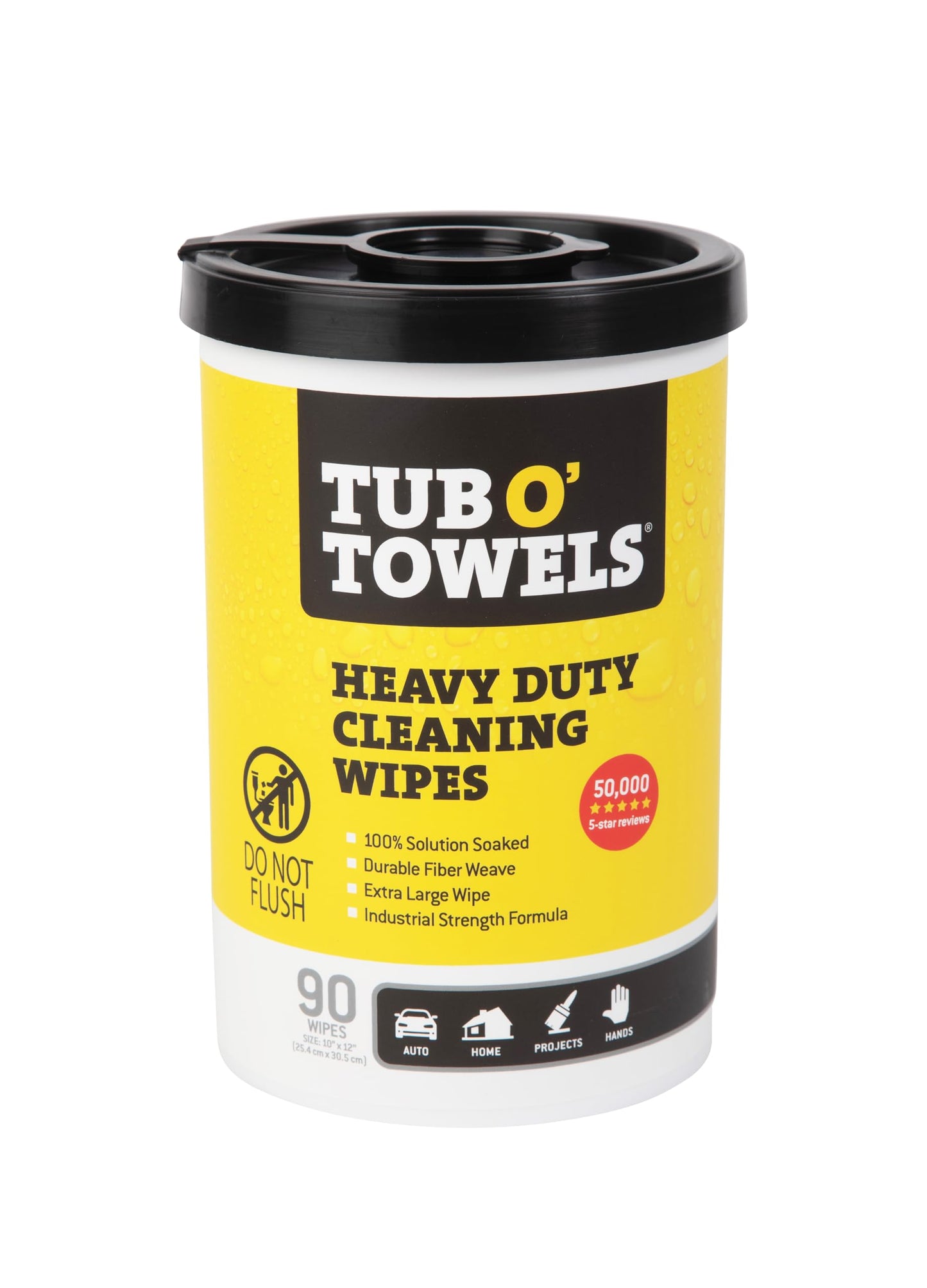 Tub O' Towels Heavy-Duty Multi-Surface Cleaning Wipes – Extra-Large 10" x 12", 90-Count Canister – Removes Grease, Tar, Ink & Tough Stains – Safe for Home, Auto, Garage & More
