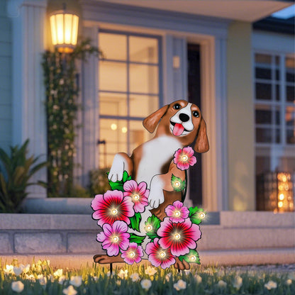WONDER GARDEN Decorative Garden Stakes - Lighted Dog and Flower Yard Sign Stakes Spring Signs for Outdoor, Porch, Yard,Flower Bed Decor (Battery Operated)