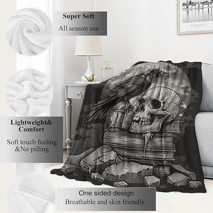 Gothic Skull Blanket,Goth Black Raven Spooky Throw Blankets,Gifts for Women Men, Lightweight Soft Fleece Cozy,for Sofa Couch Bed Room Travel,Festival Halloween Aesthetics Decor,50x60in