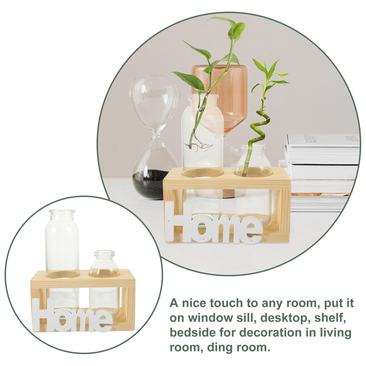NUOBESTY Hydroponic Glass Plant Vase with Wooden Stand, 2pcs Set Scandinavian Style Glass Terrarium for Home Décor and Desktop Flower Arrangement