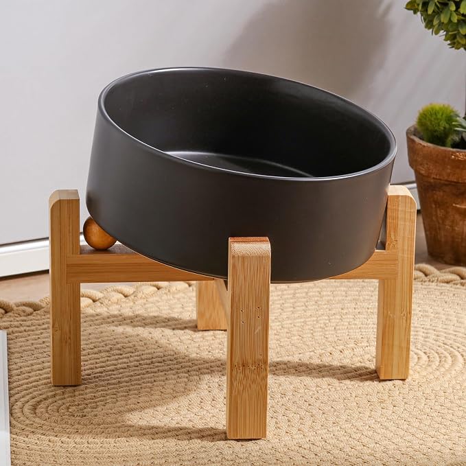 Black Elevated/Raised 15°Tilted Anti Slip Ceramic Dog Bowl for Small/Medium Breeds,Slanted Bulldog Big Face Pet Food Water Feeding Dish with Stand for Cats and Dogs (3.6 Cups/28 OZ)