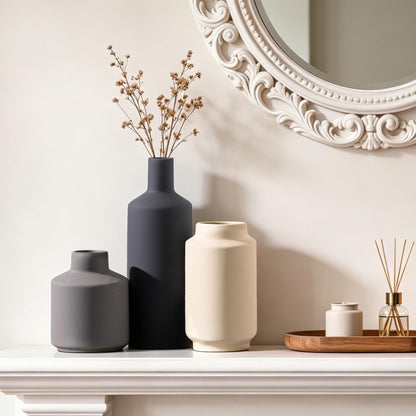 Ceramic Vase Set of 3, Modern Decorative Vases for Home Decor, Small Flower Pottery Vase Sets, Boho Farmhouse Rustic Vases for Living Room, Kitchen, Bedroom, Bathroom, Shelf, Table