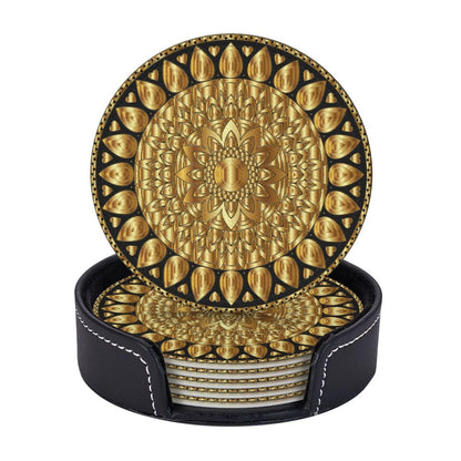 BOXIMIAO Drink Coasters with Holder Stand Set of 6, Pu Leather Absorbent Coasters with Cork Base Table Coaster Round Coasters for Housewarming Apartment Kitchen Bar Decor Mandala Art Floral Gold