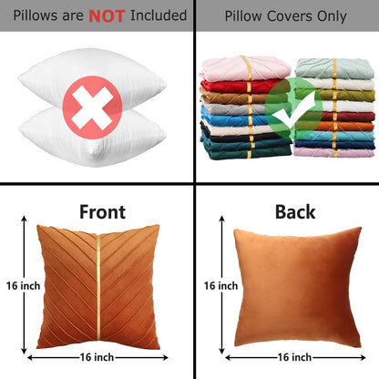 Tosleo Burnt Orange Velvet Throw Pillow Covers 16x16 Pack of 2 with Gold Leather Christmas Decorative Couch Pillowcases Luxury Modern Soft Pillow Cover for Fall Autumn Halloween Thanksgiving Decor