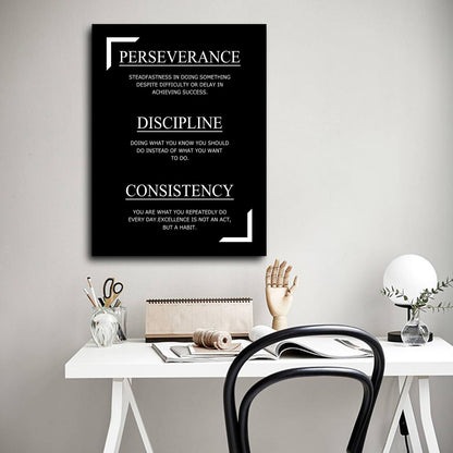 Motivational Canvas Wall Art Perseverance Discipline Consistency Success Poster Print Inspirational Picture Painting for Office Class Room School Wall Decoration Stretched and Framed [18''Wx24''H]