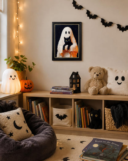 Ghost and Black Cat Wall Art 9x11, Dark Brown Framed Canvas Print, Cute Spooky Ghost Holding Cat Picture, Halloween Room Decor for Cat Lovers