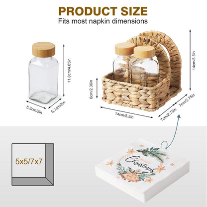 Napkin Holder for Table with Salt and Pepper Shakers, Natural Woven Water Hyacinth Includes 2 Glass Shakers, Tabletop Organizer for Kitchen, Home, Dining and Bar