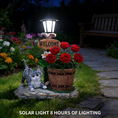 UNOIRNM Gray Tabby Cat Garden Statue - with Solar Lantern and Wooden Pail Planter, 20" Tall Outdoor Resin Welcome Cat Figurine for Patio Decor, 9.2 lbs Large Animal Sculpture, 15.4" Length
