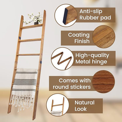 Blanket Ladder, 6-Tier Wooden Quilt Stand, Decorative Ladder Shelf, Leaning Shelf, Wall Leaning Blanket Ladder Towel Storage Rack for Living Room (Walnut)