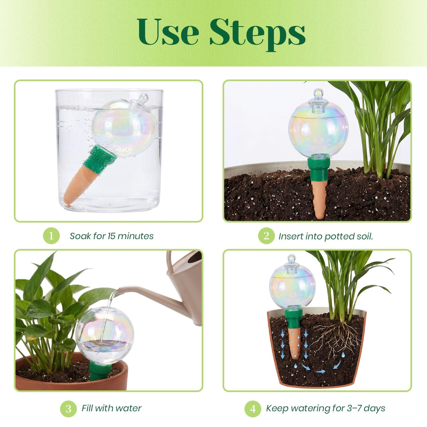 Hewory Glass Plant Watering Globes: 4 Pcs Iridescent Water Bulbs for Indoor/Outdoor Plants - 9oz Watering Devices with Terracotta Water Spikes