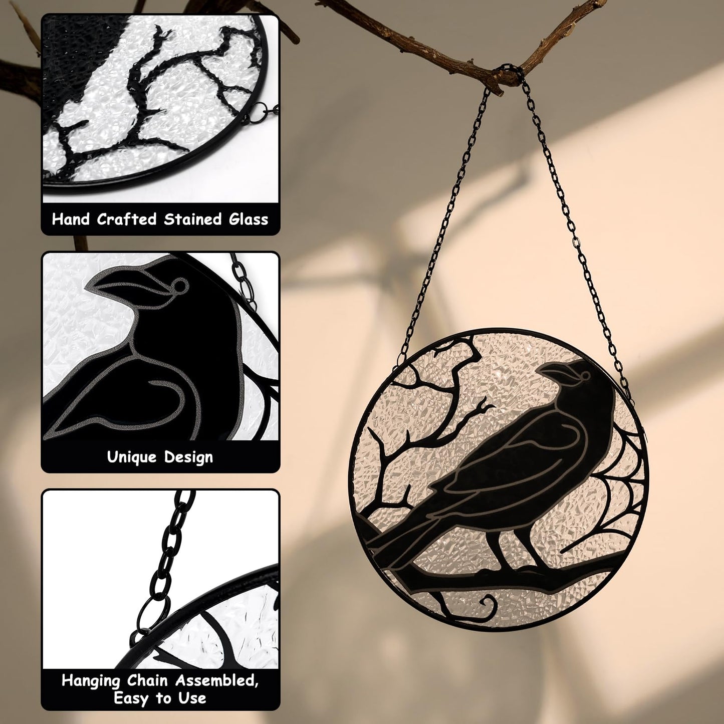 Raven Gothic Stained Glass Window Suncatcher Black Crow Sun Catcher Hanging Decor for Home, Garden, Patio & Halloween Real Hand-Painted Glass Ornament Ready to Hang Gift