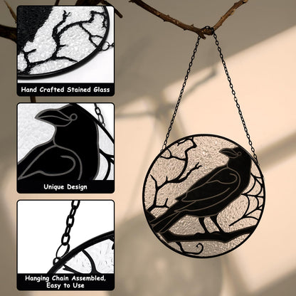 Raven Gothic Stained Glass Window Suncatcher Black Crow Sun Catcher Hanging Decor for Home, Garden, Patio & Halloween Real Hand-Painted Glass Ornament Ready to Hang Gift