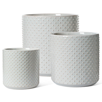 LE TAUCI Ceramic Pots for Plants, 10/8/6 Inch Indoor Planters with Draiange Hole, Silicone Plug & Mesh Pad, Modern Rasied-Dots Pots for Home Office, Set of 3, Glossy, Star Gray