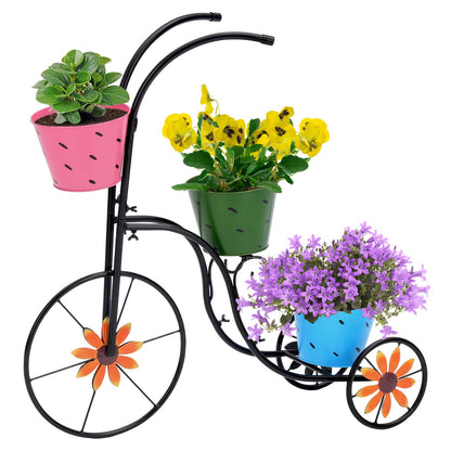 BAYN Bicycle Planter Stand, Metal Flower Pot Cart Holder with 3 Plant Bucket Outdoor Decorative for Patio, Deck, Garden or Lawn