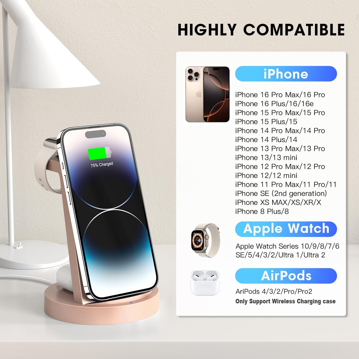 3 in 1 Charging Station for iPhone, Wireless Charger for iPhone 17 16e 16 15 14 13 12 11 X Pro Max & Apple Watch - Wireless Charging Station for AirPods 4 3 Pro
